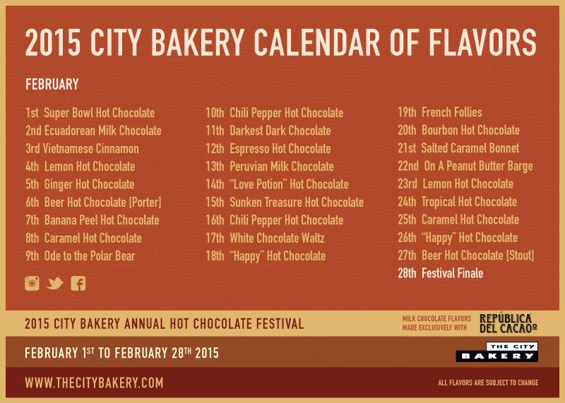 2015 City Bakery Hot Chocolate Festival Calendar of Flavors